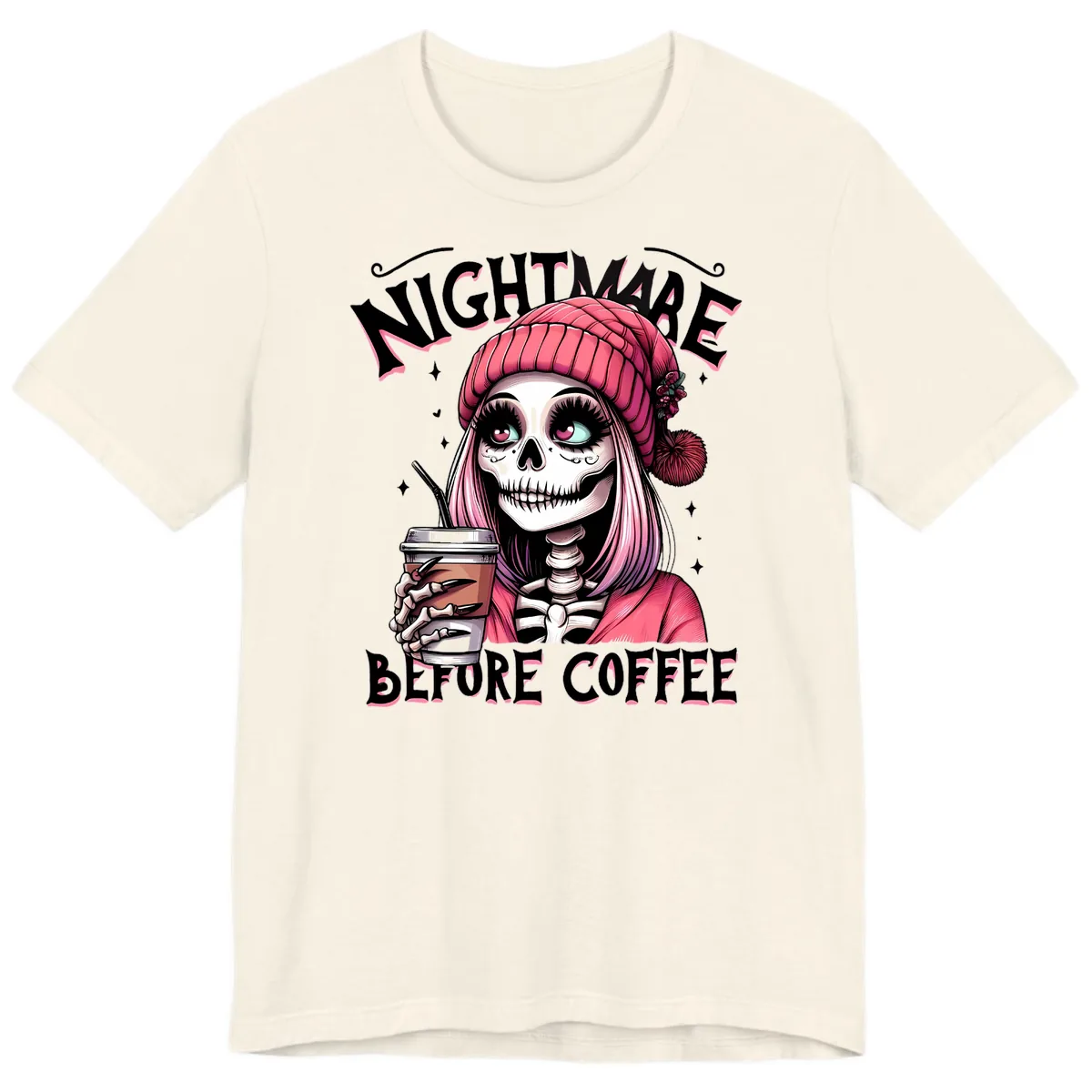 Nightmare Before Coffee Skeleton Lady Premium T-Shirt in Natural