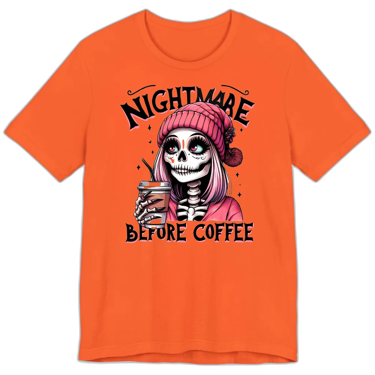 Nightmare Before Coffee Skeleton Lady Premium T-Shirt in Orange