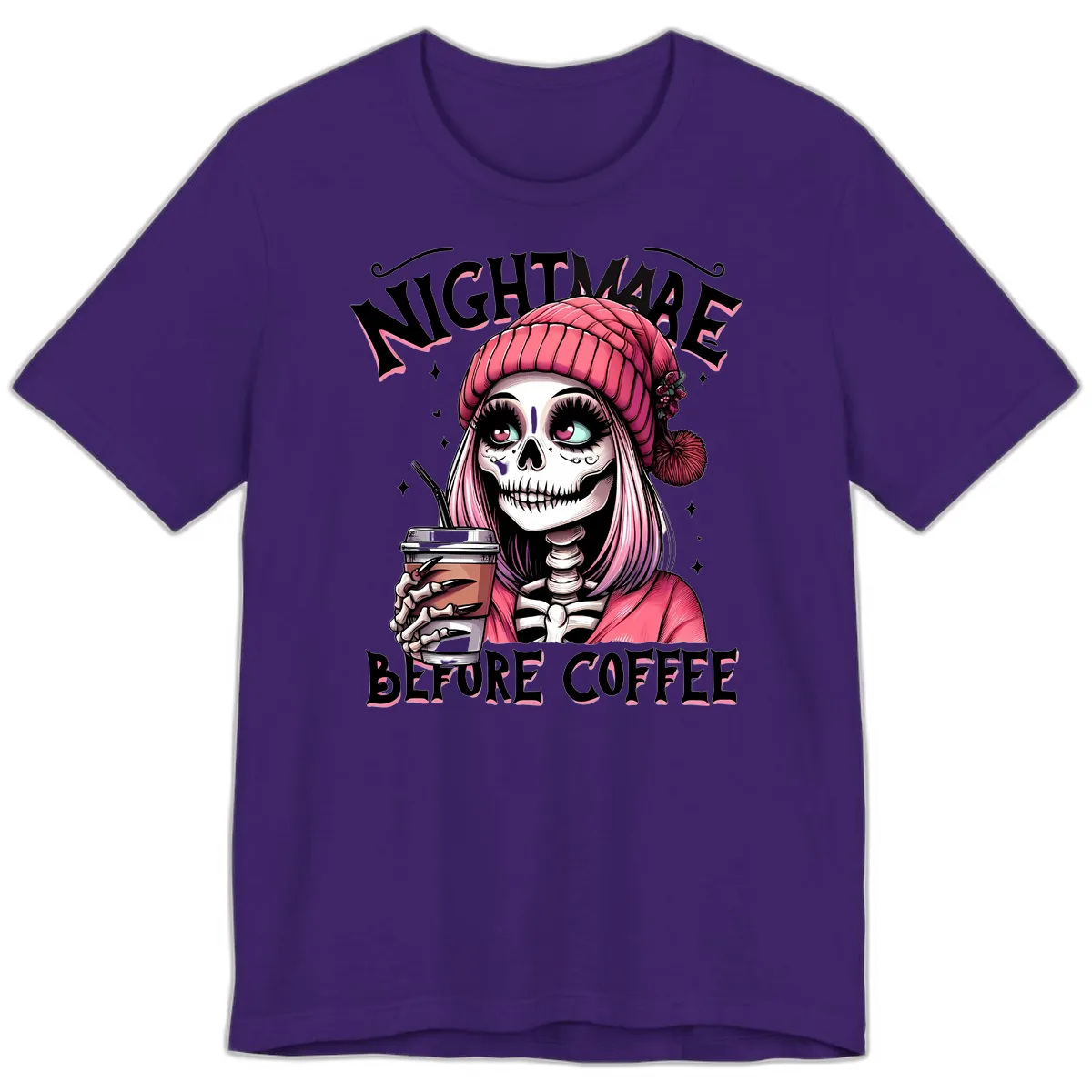 Nightmare Before Coffee Skeleton Lady Premium T-Shirt in Team Purple