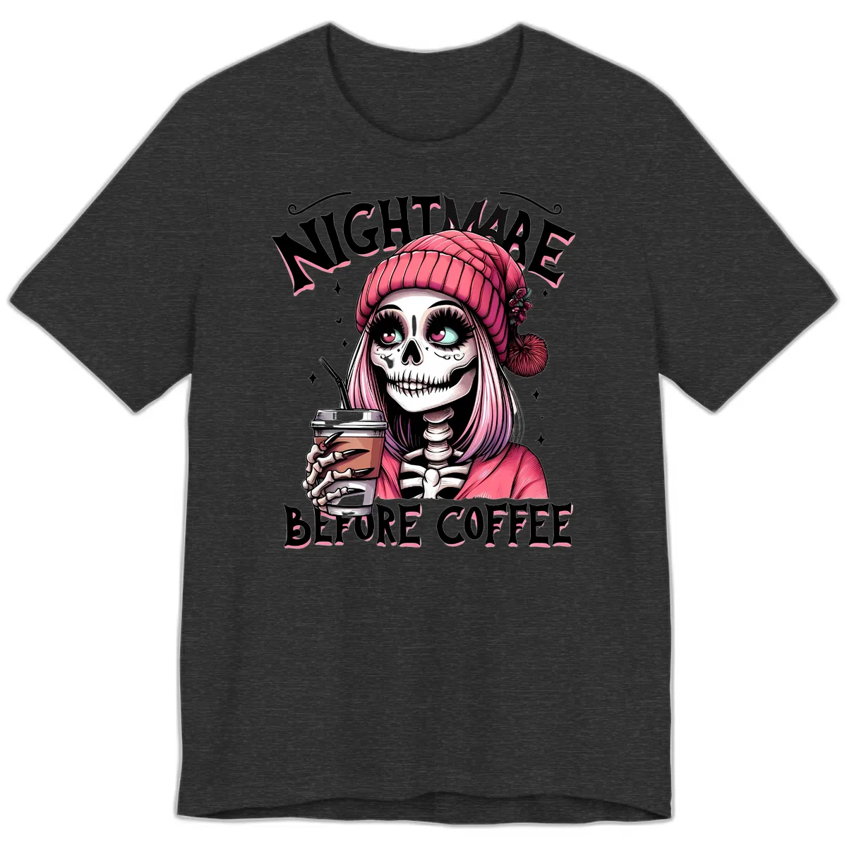 Nightmare Before Coffee Skeleton Lady Premium T-Shirt in Dark Grey Heather