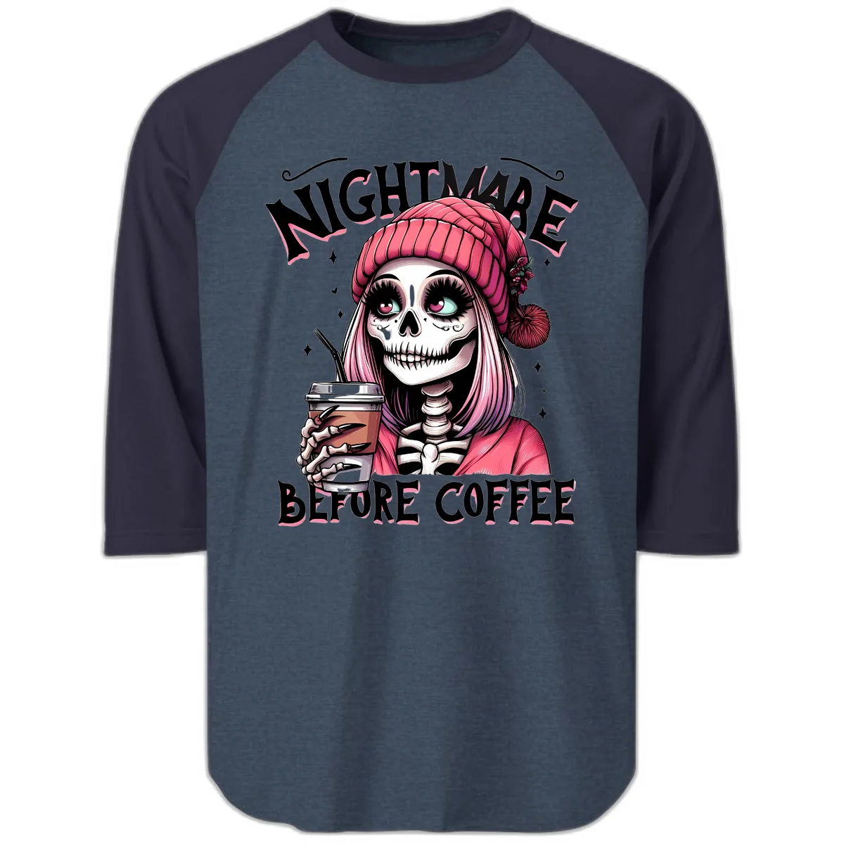 Nightmare Before Coffee Skeleton Lady Raglan 3/4 in Heather Denim Navy