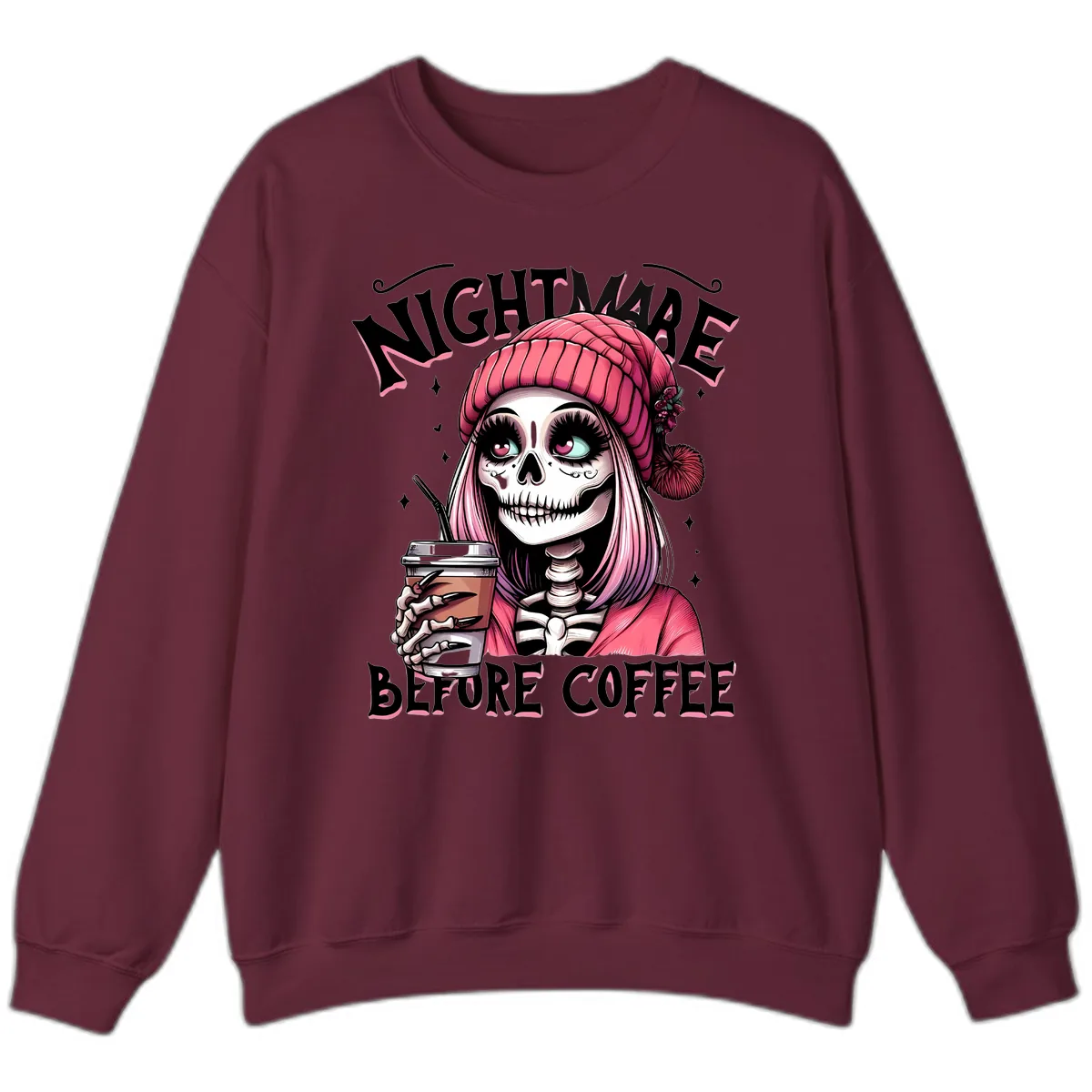 Nightmare Before Coffee Skeleton Lady Sweatshirt in Maroon