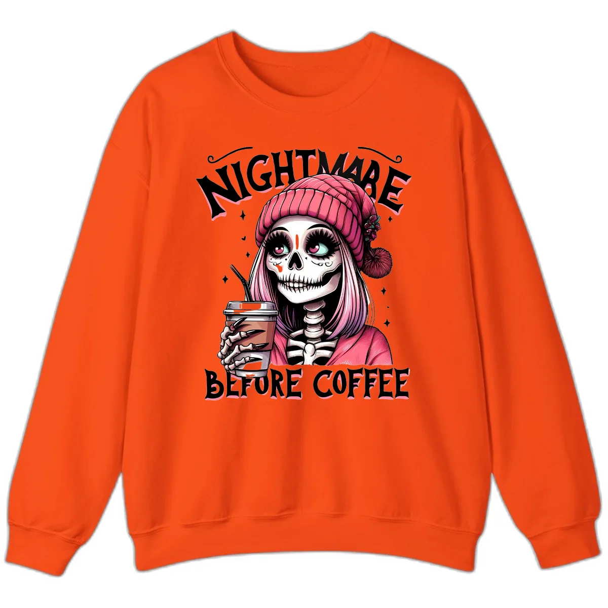 Nightmare Before Coffee Skeleton Lady Sweatshirt in Orange