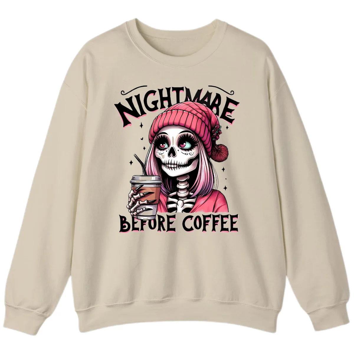 Nightmare Before Coffee Skeleton Lady Sweatshirt in Sand