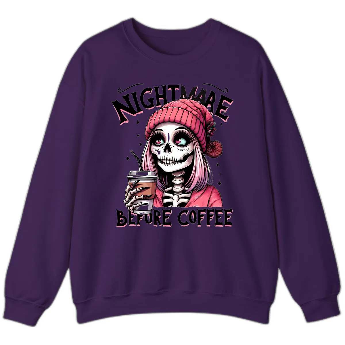 Nightmare Before Coffee Skeleton Lady Sweatshirt in Purple