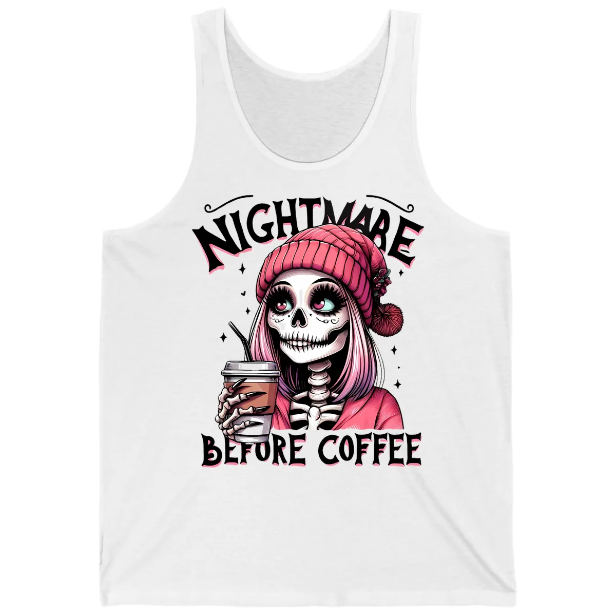 Nightmare Before Coffee Skeleton Lady Tank in White