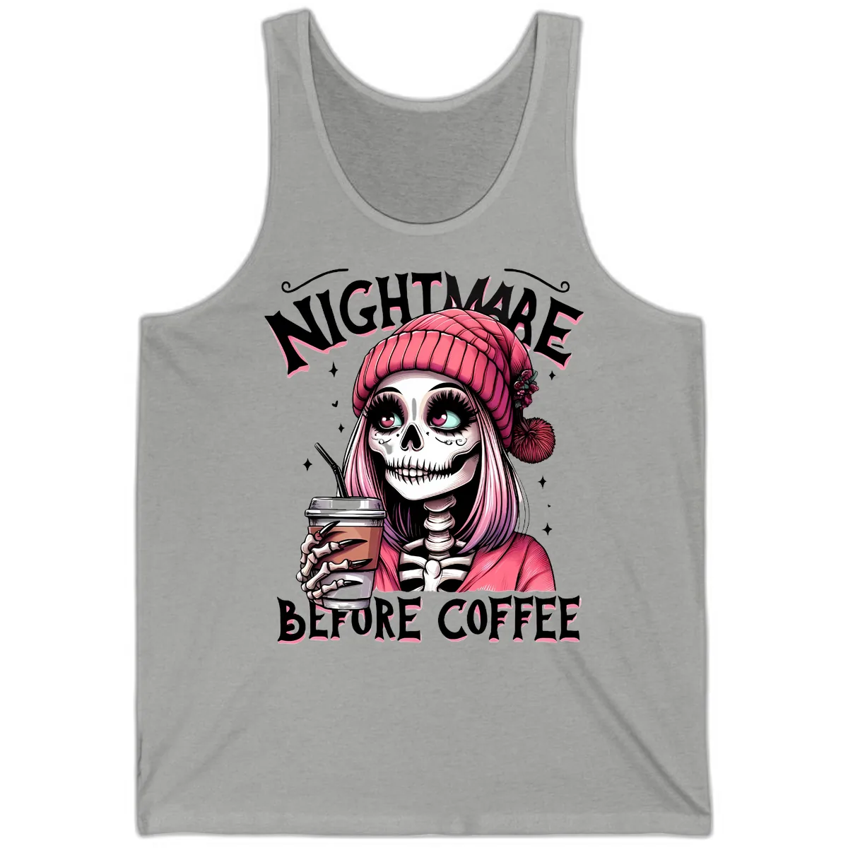 Nightmare Before Coffee Skeleton Lady Tank in Athletic Heather