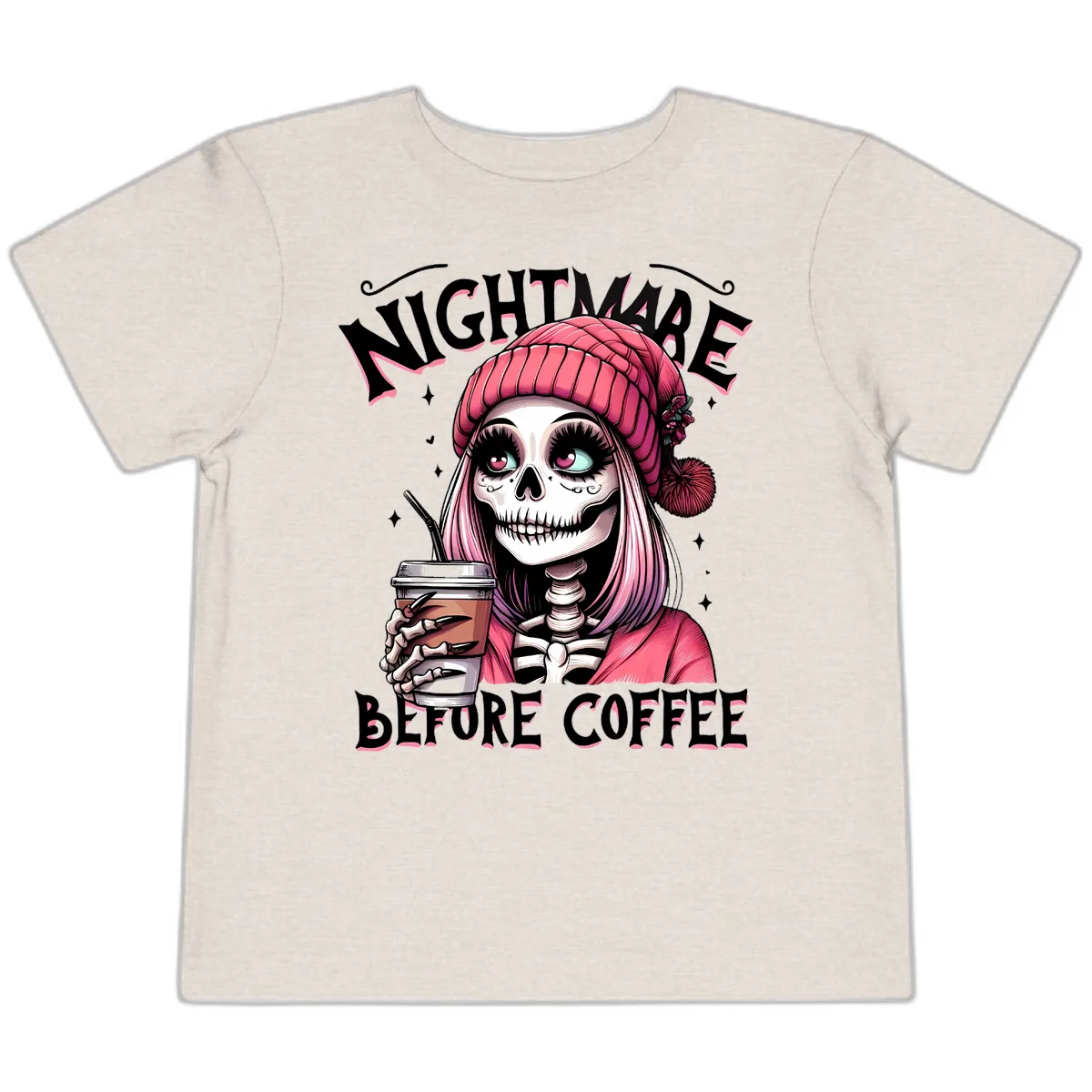 Nightmare Before Coffee Skeleton Lady Toddler T-Shirt in Heather Dust