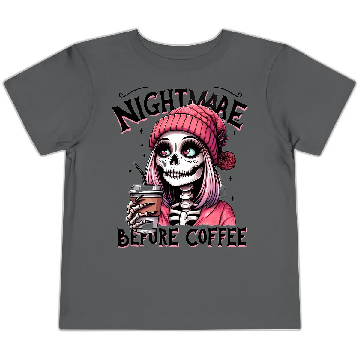 Nightmare Before Coffee Skeleton Lady Toddler T-Shirt in Asphalt
