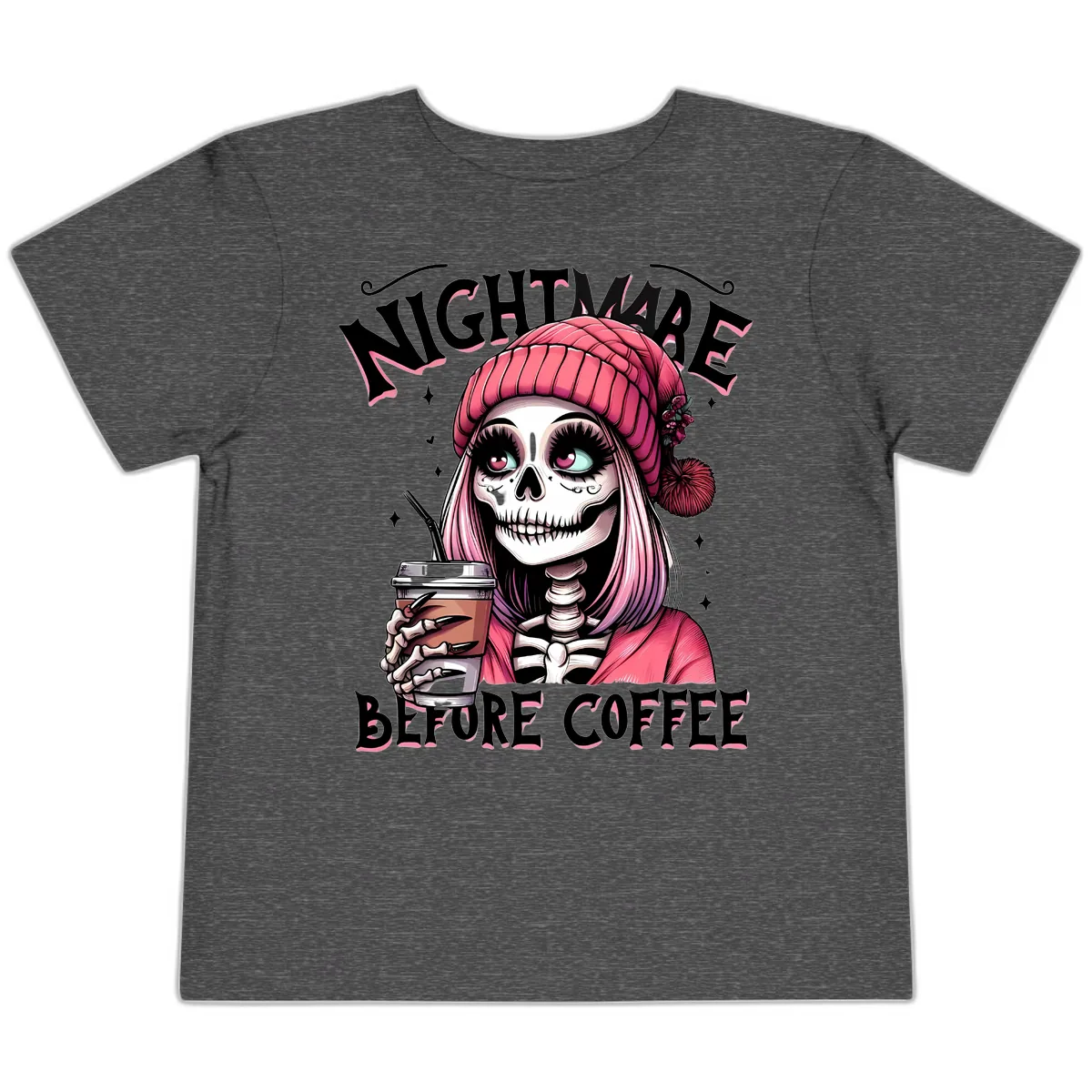 Nightmare Before Coffee Skeleton Lady Toddler T-Shirt in Dark Heather Grey