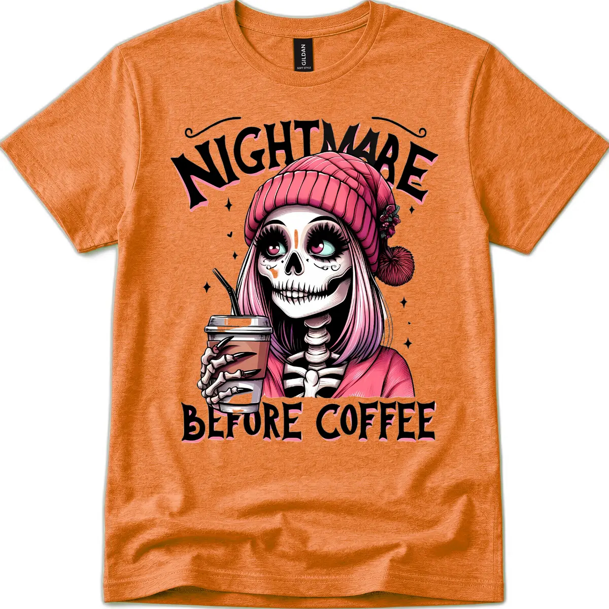 Nightmare Before Coffee Skeleton Lady T-Shirt in Heather Orange