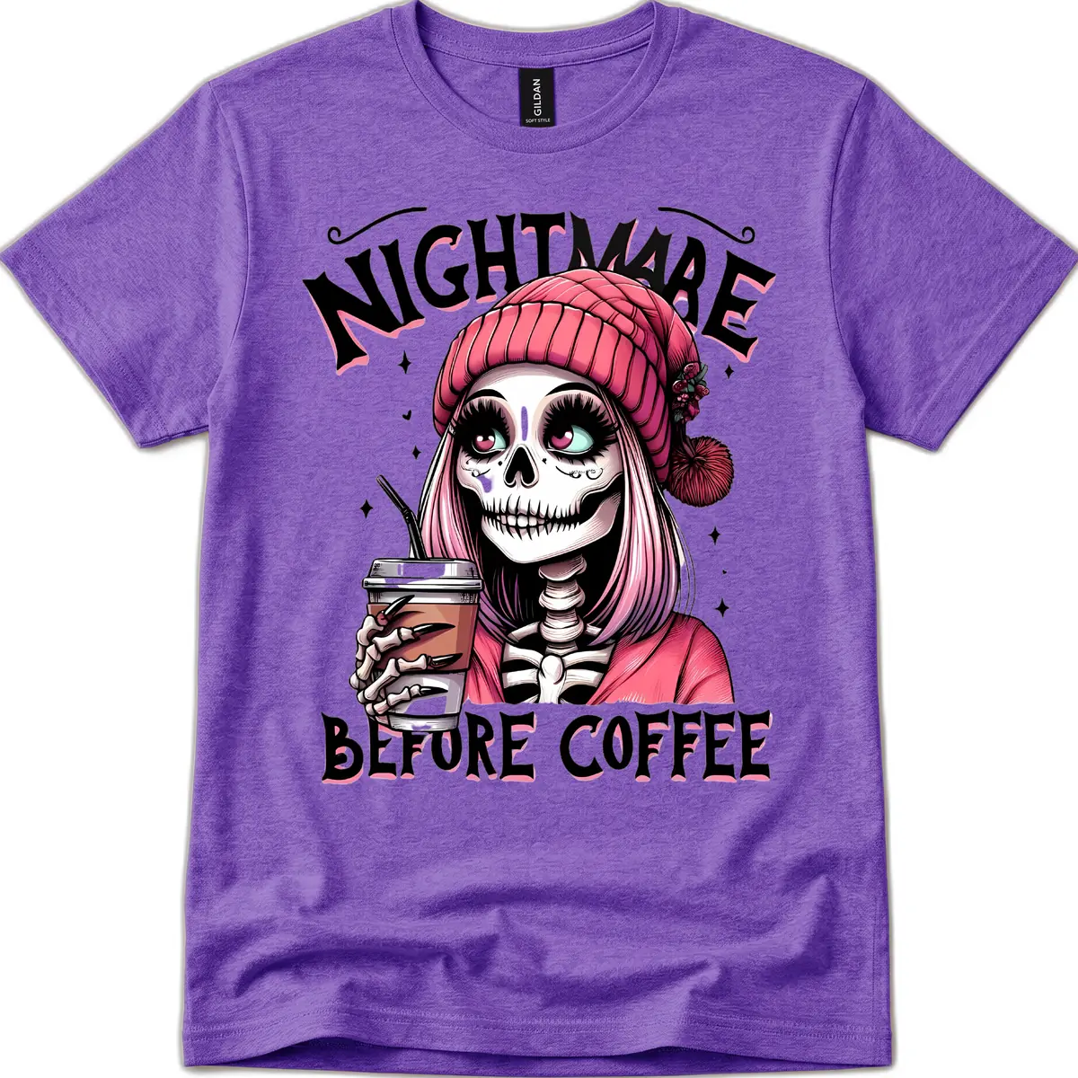 Nightmare Before Coffee Skeleton Lady T-Shirt in Heather Purple