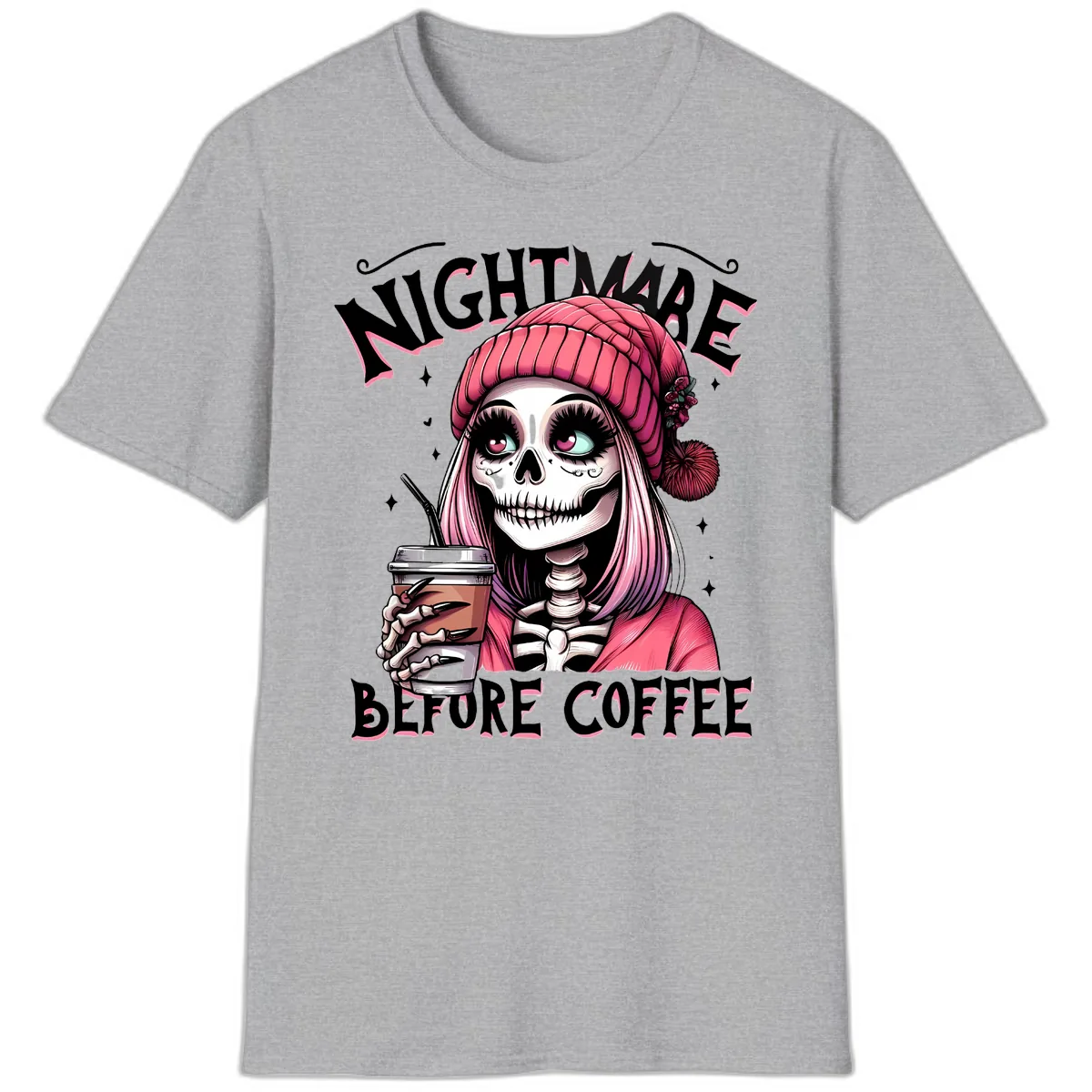Nightmare Before Coffee Skeleton Lady T-Shirt in Sport Grey