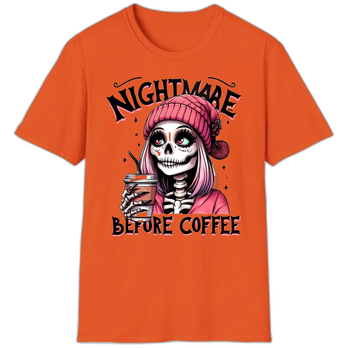 Nightmare Before Coffee Skeleton Lady T-Shirt in Orange