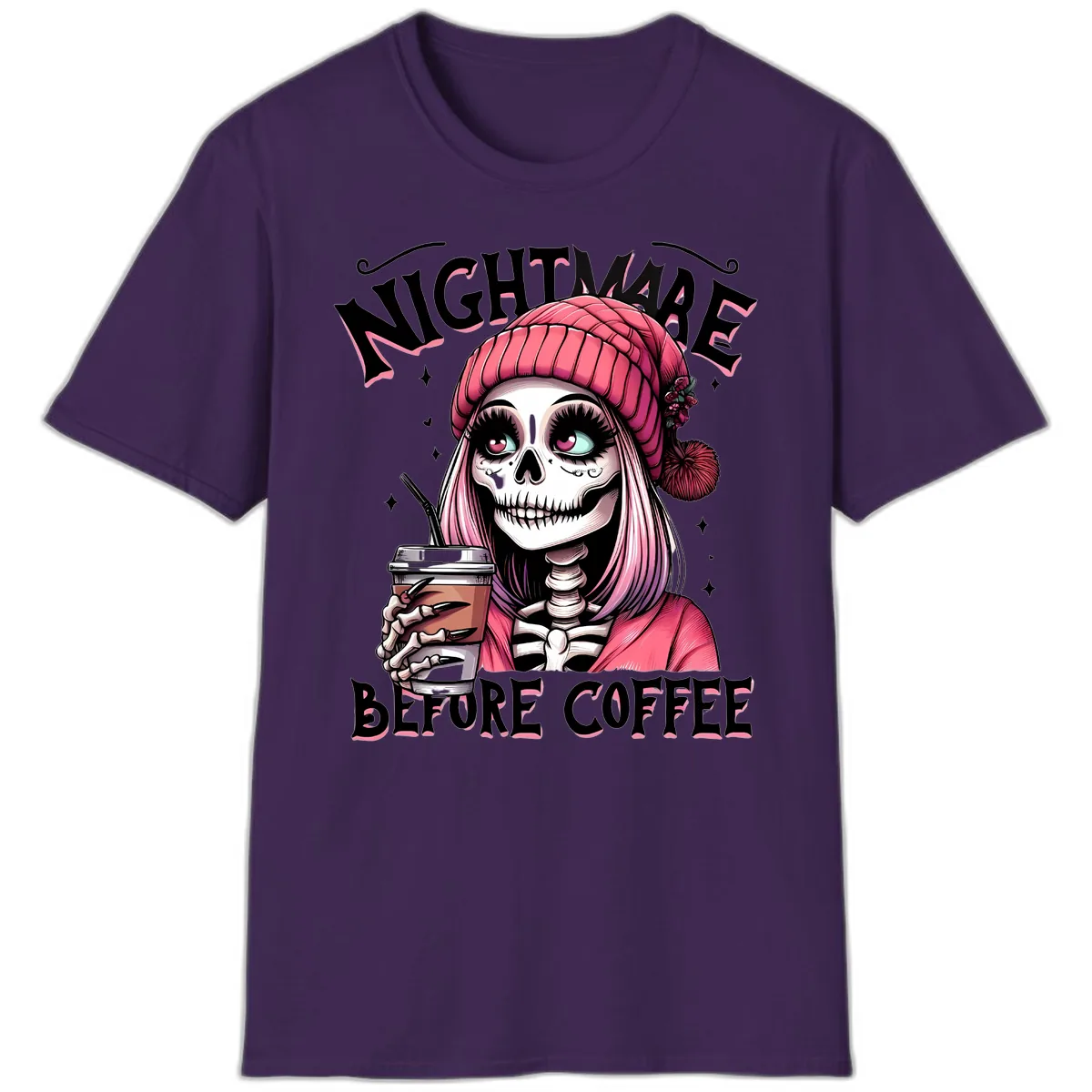 Nightmare Before Coffee Skeleton Lady T-Shirt in Purple