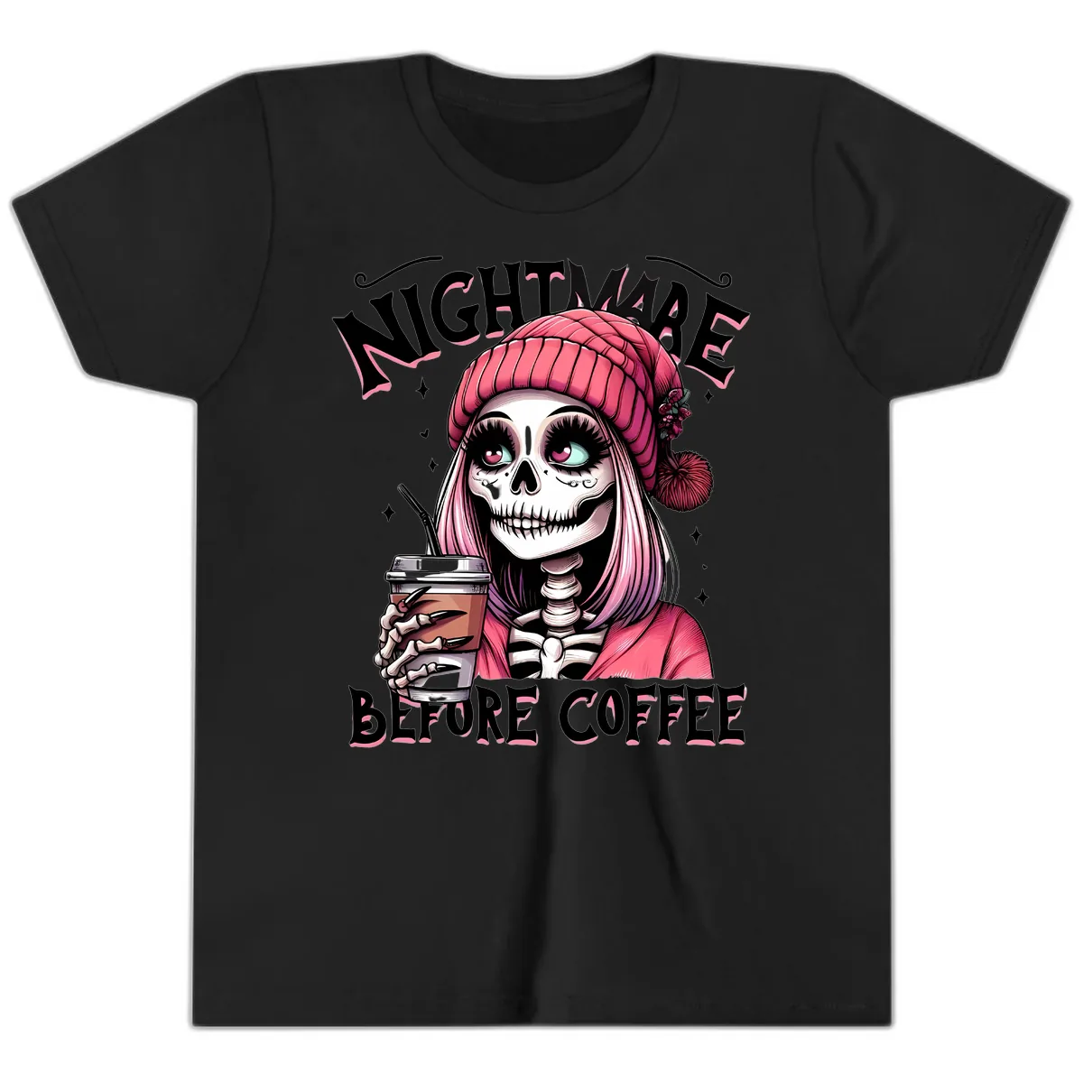 Nightmare Before Coffee Skeleton Lady Youth T-Shirt in Black