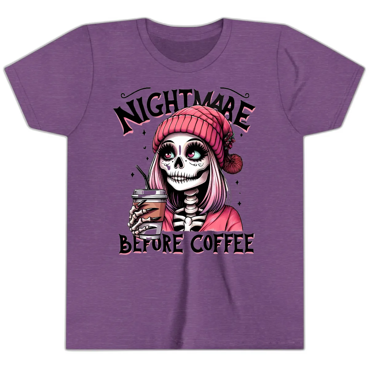 Nightmare Before Coffee Skeleton Lady Youth T-Shirt in Heather Team Purple