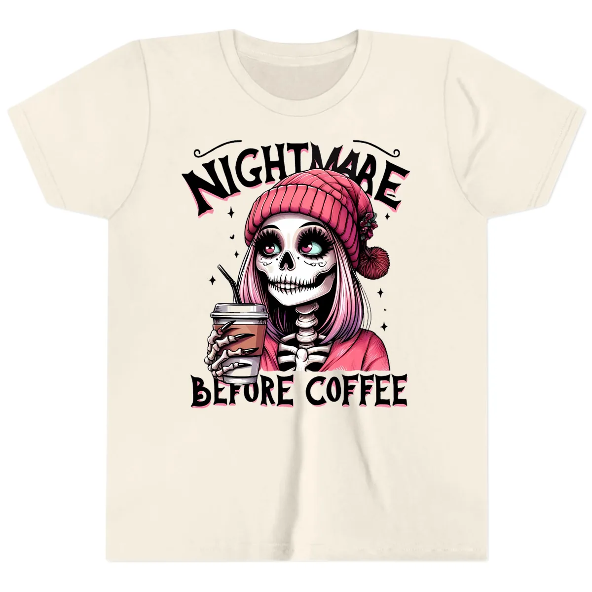 Nightmare Before Coffee Skeleton Lady Youth T-Shirt in Natural