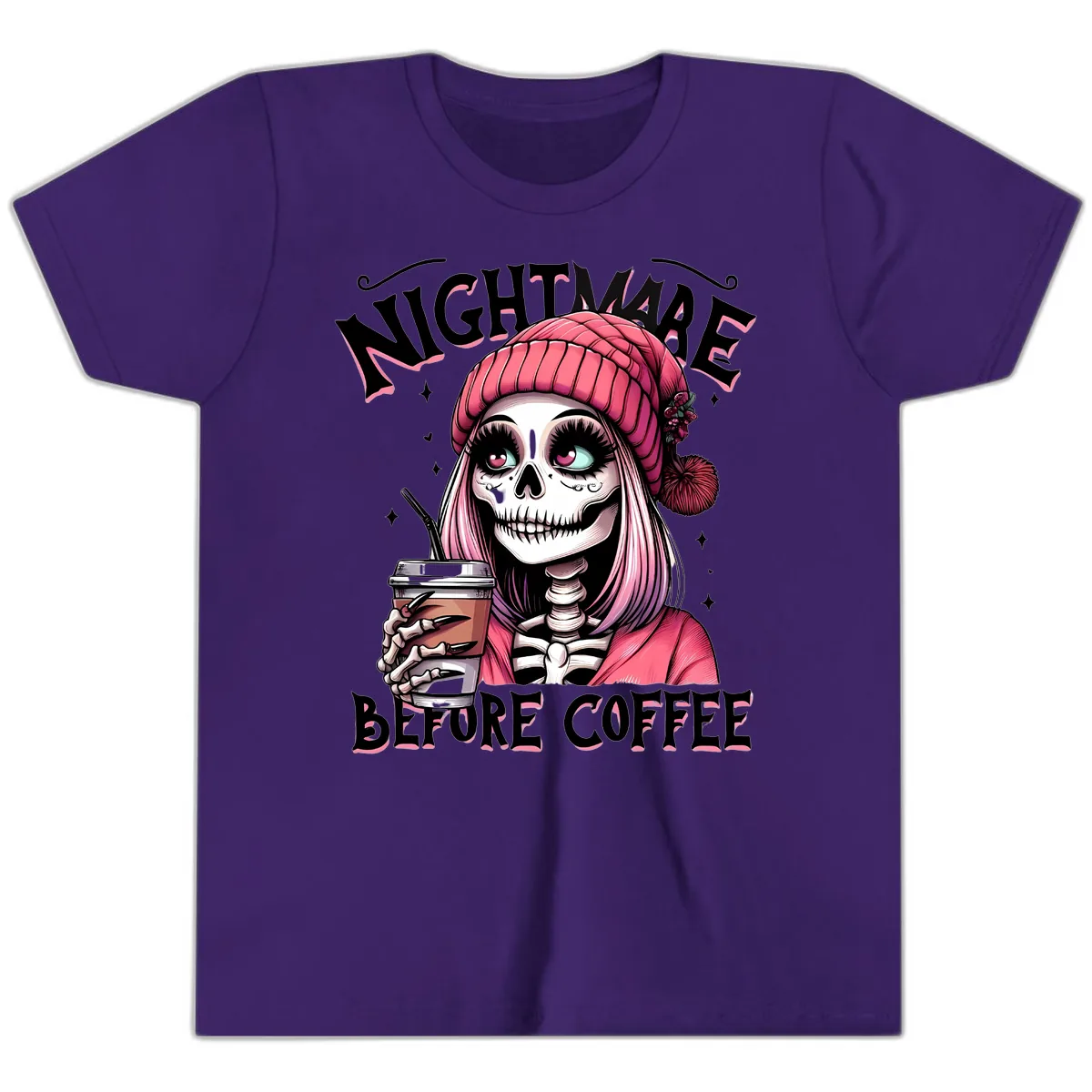 Nightmare Before Coffee Skeleton Lady Youth T-Shirt in Team Purple