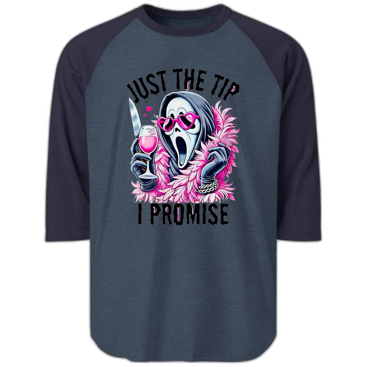 Ghostly Tip Promise Halloween Design Raglan 3/4 in Heather Denim Navy