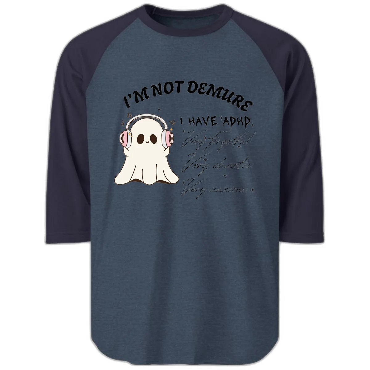 I Have Adhd Ghost Raglan 3/4 in Heather Denim Navy