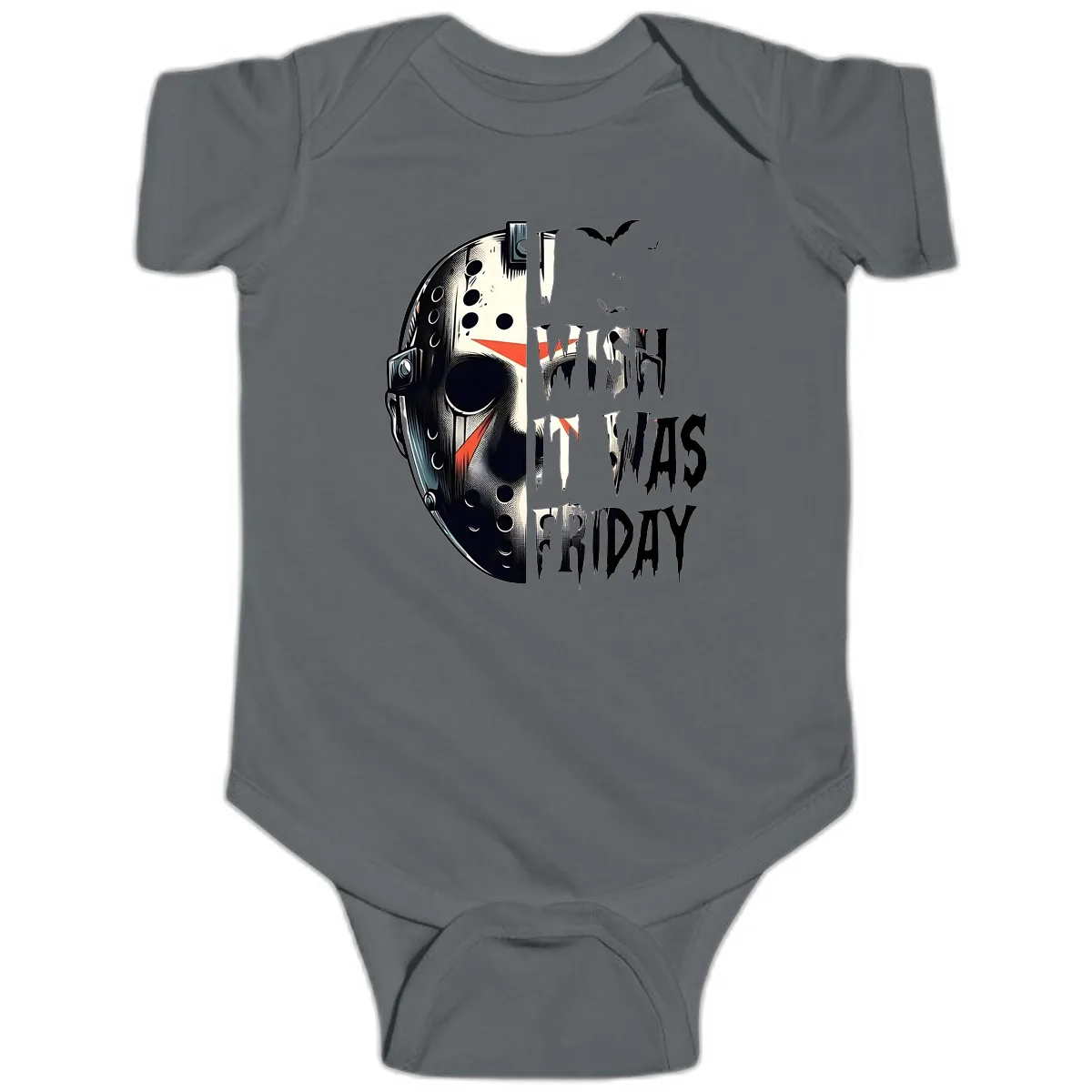 I Wish It Was Friday Jason Mask Baby Onesie in Charcoal