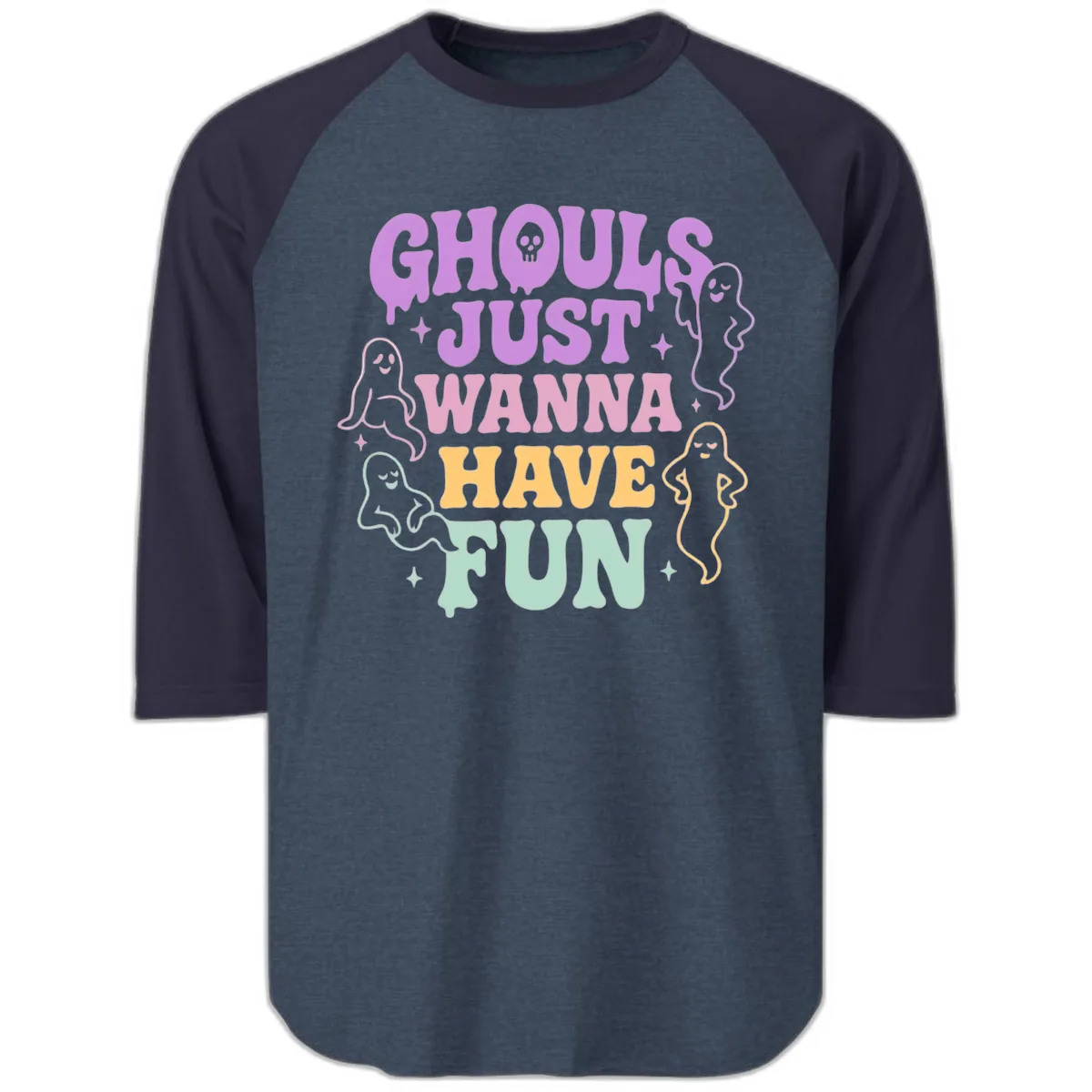 Ghouls Just Wanna Have Fun Halloween Raglan 3/4 in Heather Denim Navy
