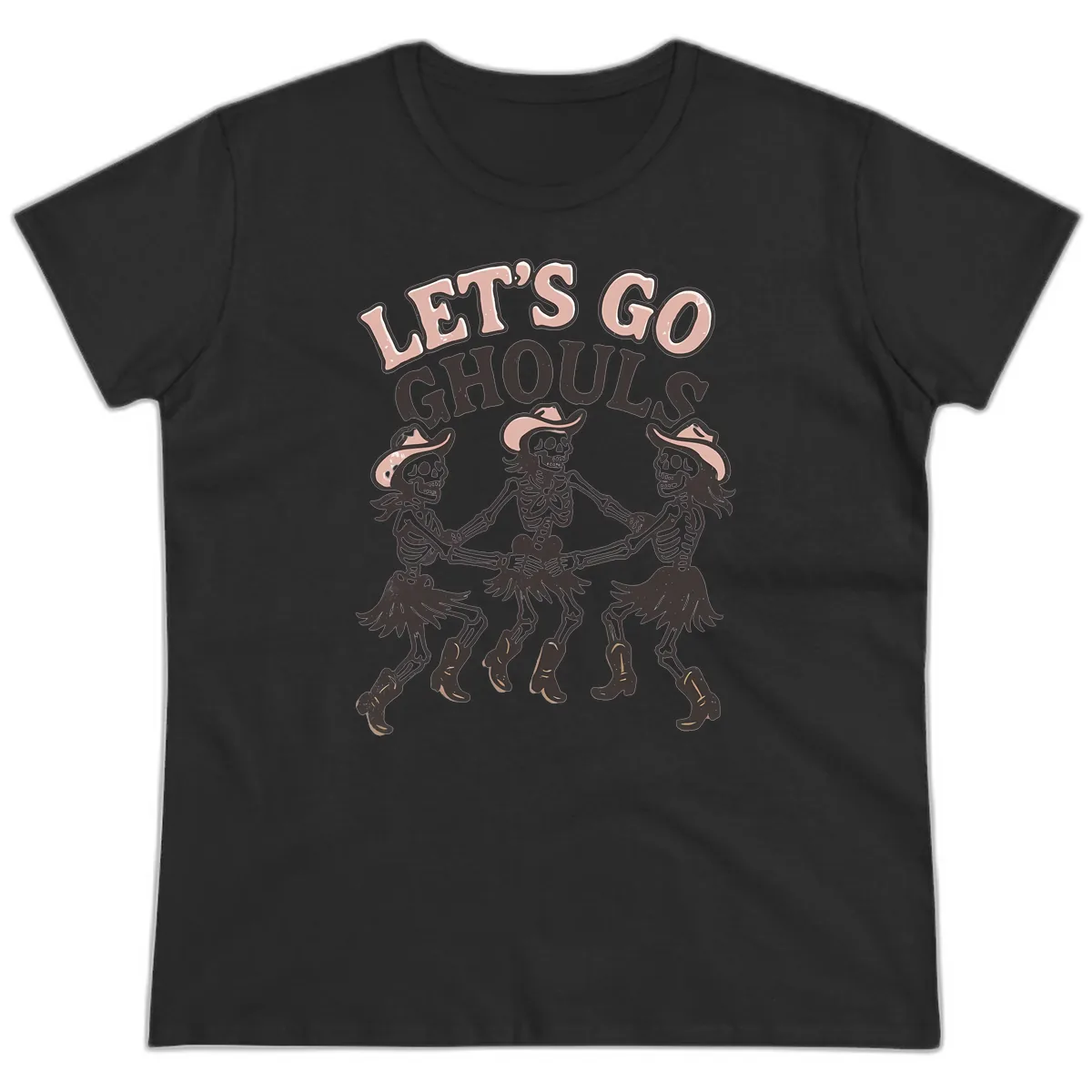 Lets Go Ghouls Skeleton Dance Ladies Tee in Black