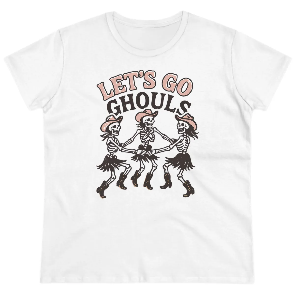 Lets Go Ghouls Skeleton Dance Ladies Tee in White