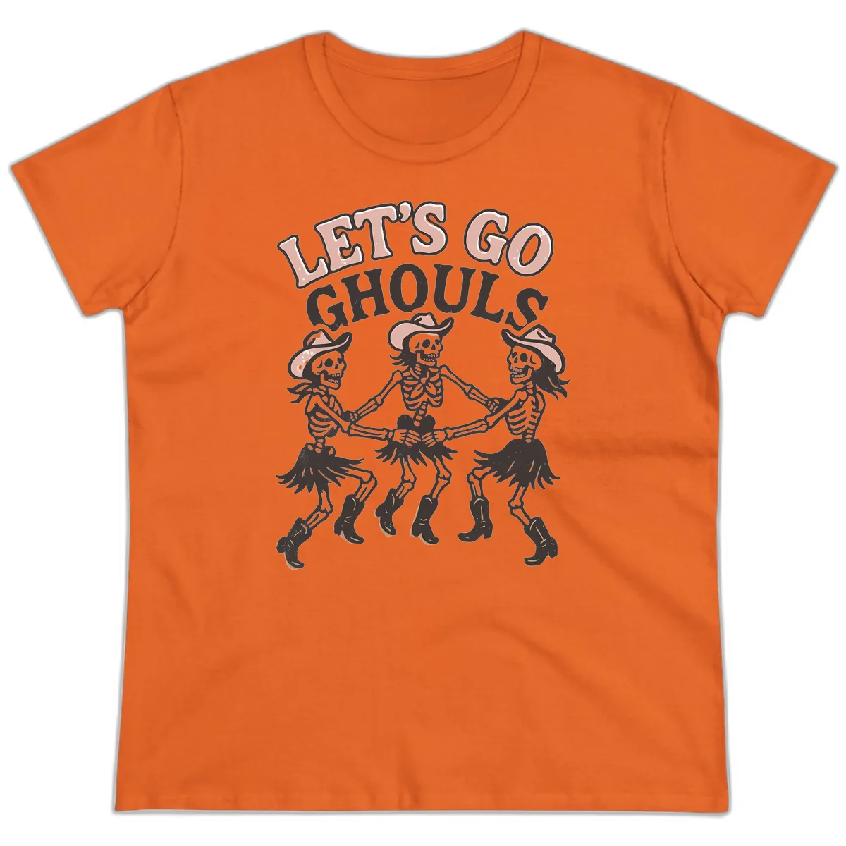 Lets Go Ghouls Skeleton Dance Ladies Tee in Orange