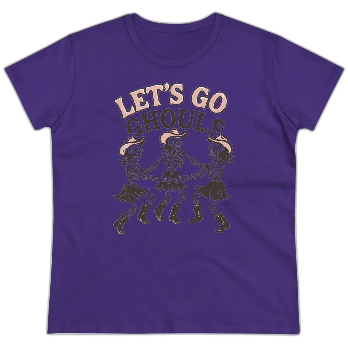 Lets Go Ghouls Skeleton Dance Ladies Tee in Purple