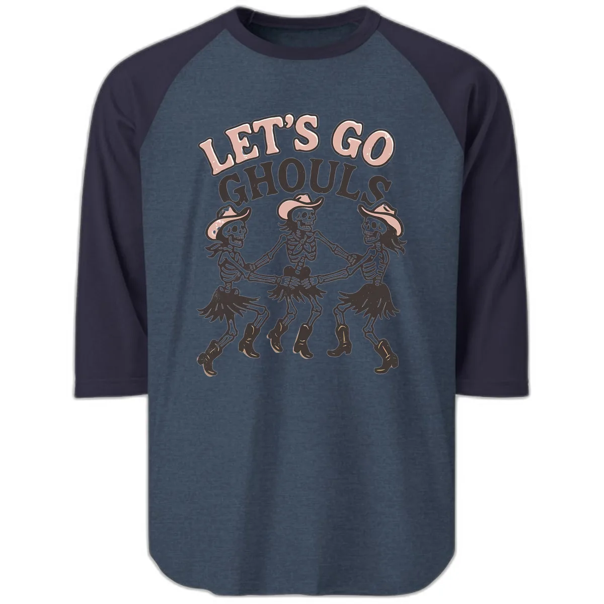 Lets Go Ghouls Skeleton Dance Raglan 3/4 in Heather Denim Navy