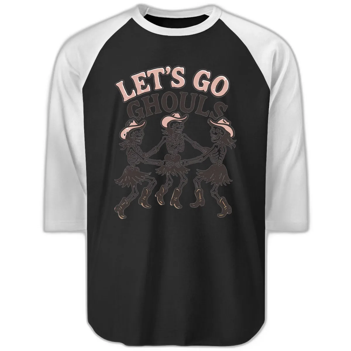 Lets Go Ghouls Skeleton Dance Raglan 3/4 in Black White