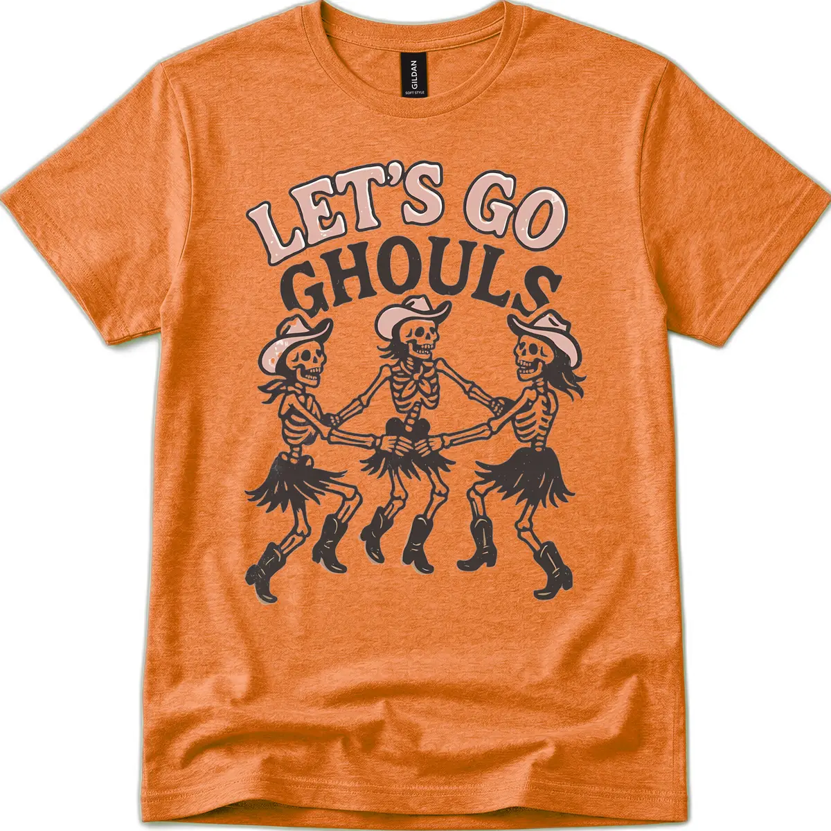 Lets Go Ghouls Skeleton Dance T-Shirt in Heather Orange