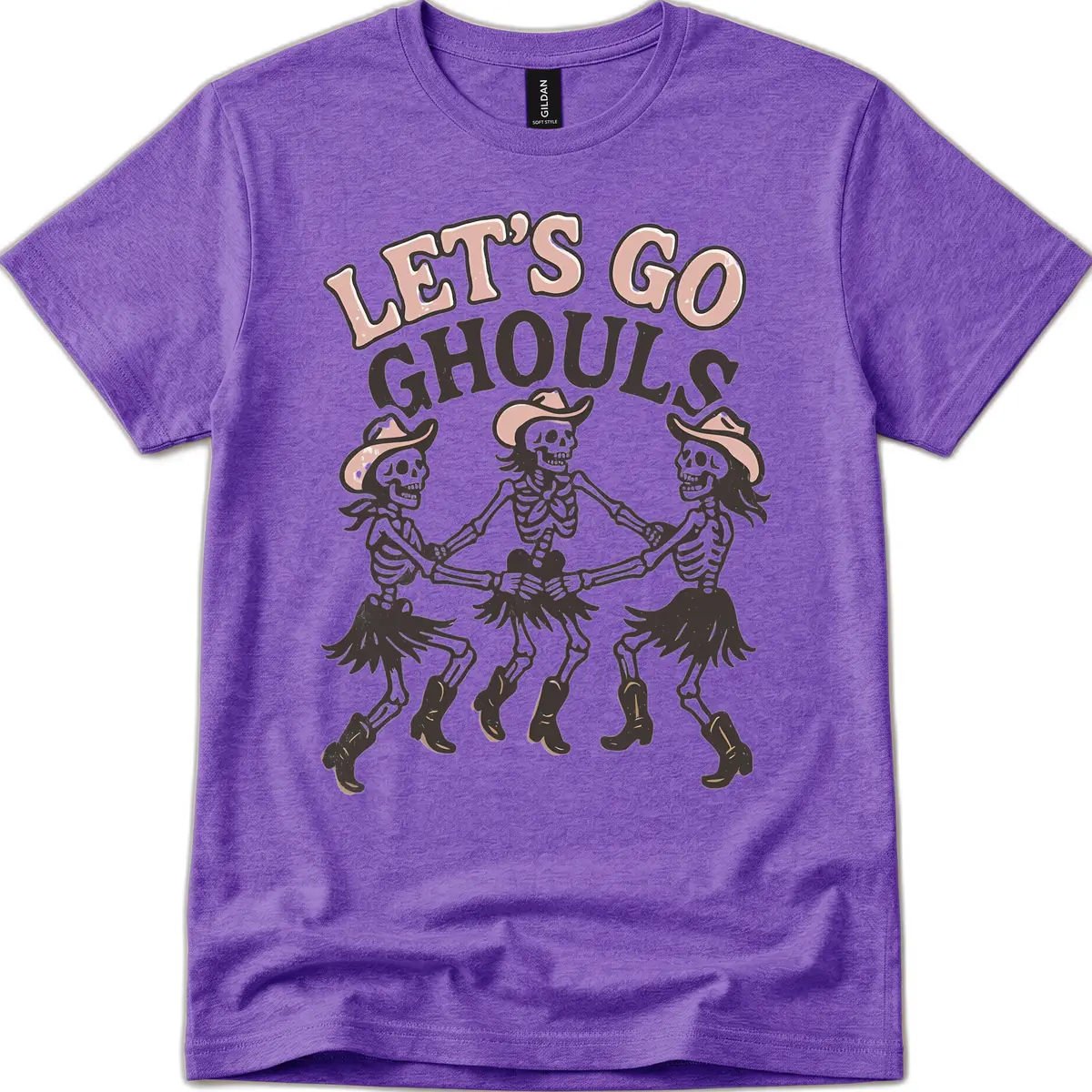 Lets Go Ghouls Skeleton Dance T-Shirt in Heather Purple