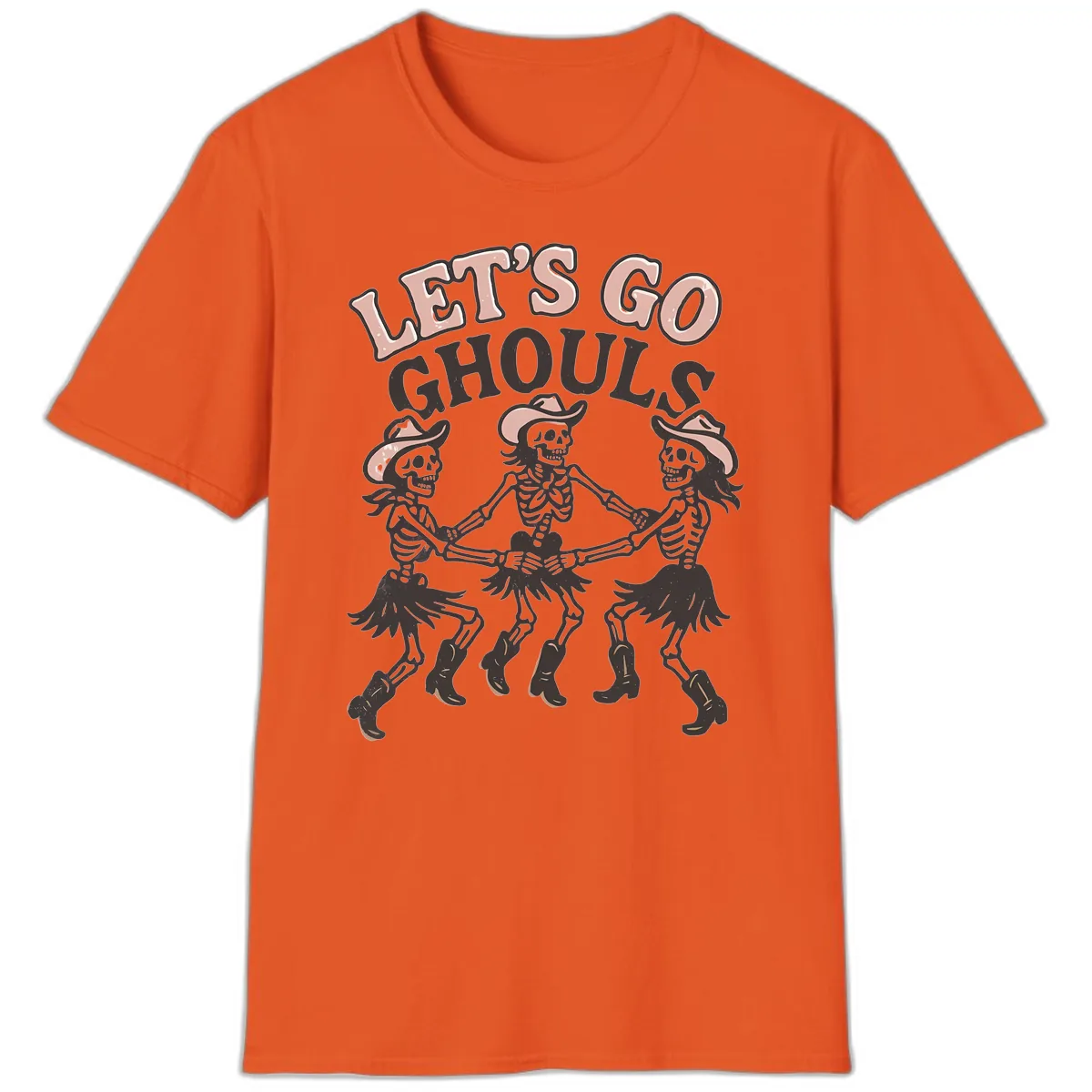 Lets Go Ghouls Skeleton Dance T-Shirt in Orange
