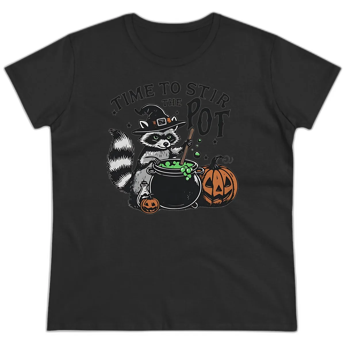 Raccoon Stirring Up Halloween Trouble Ladies Tee in Black