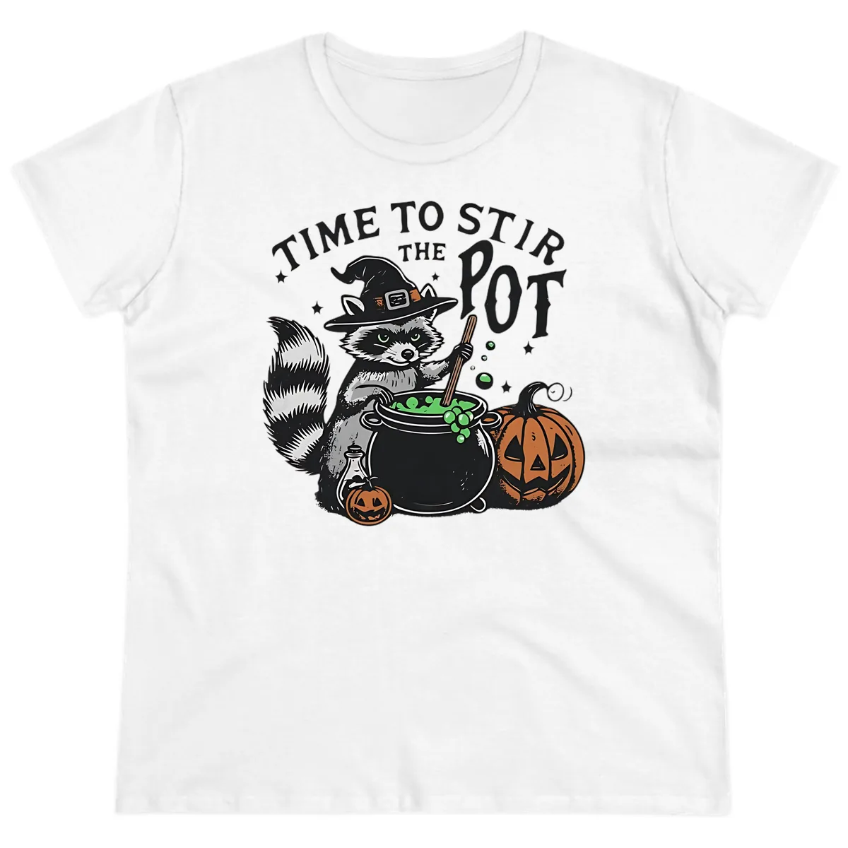 Raccoon Stirring Up Halloween Trouble Ladies Tee in White