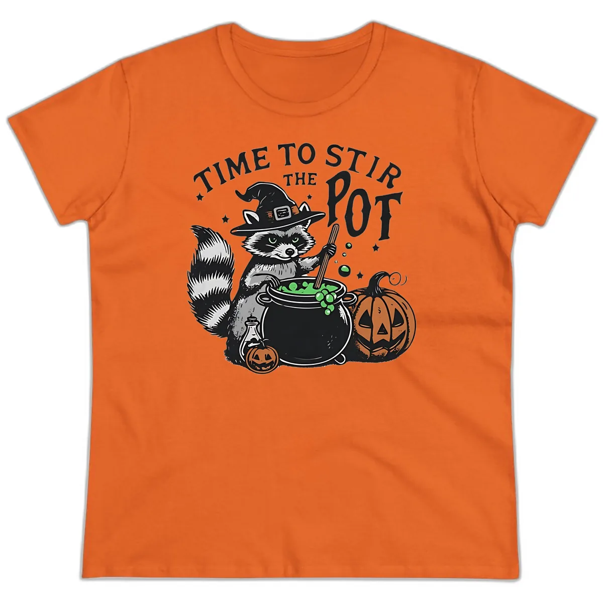 Raccoon Stirring Up Halloween Trouble Ladies Tee in Orange