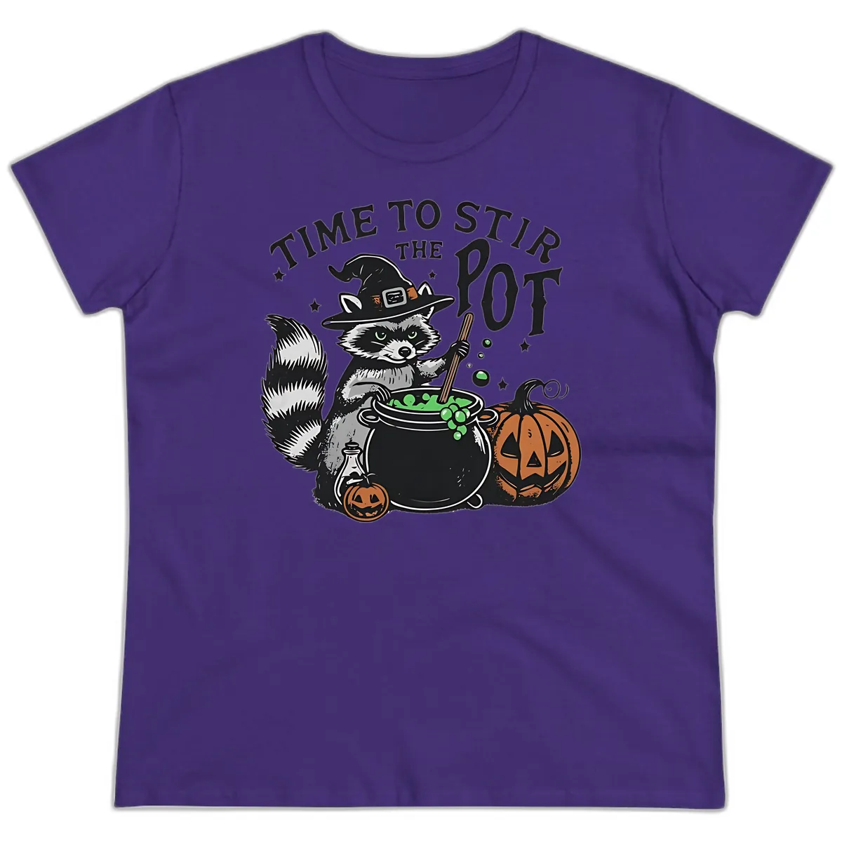Raccoon Stirring Up Halloween Trouble Ladies Tee in Purple