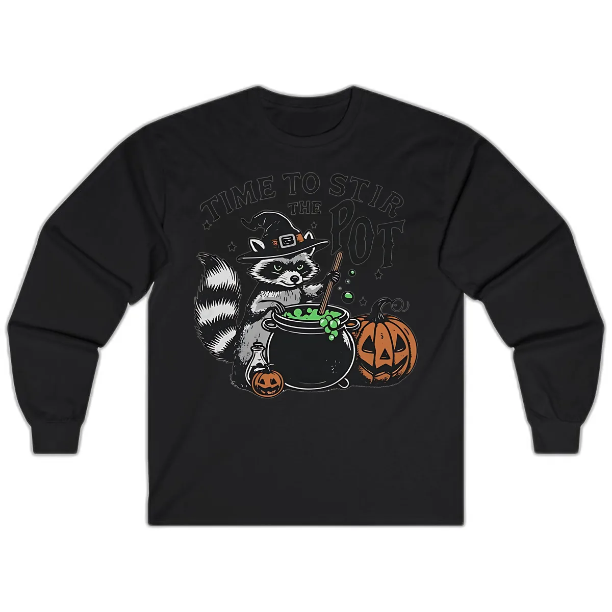 Raccoon Stirring Up Halloween Trouble Long Sleeve in Black