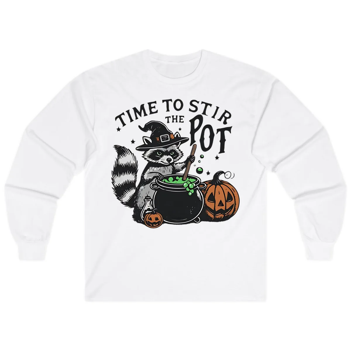 Raccoon Stirring Up Halloween Trouble Long Sleeve in White