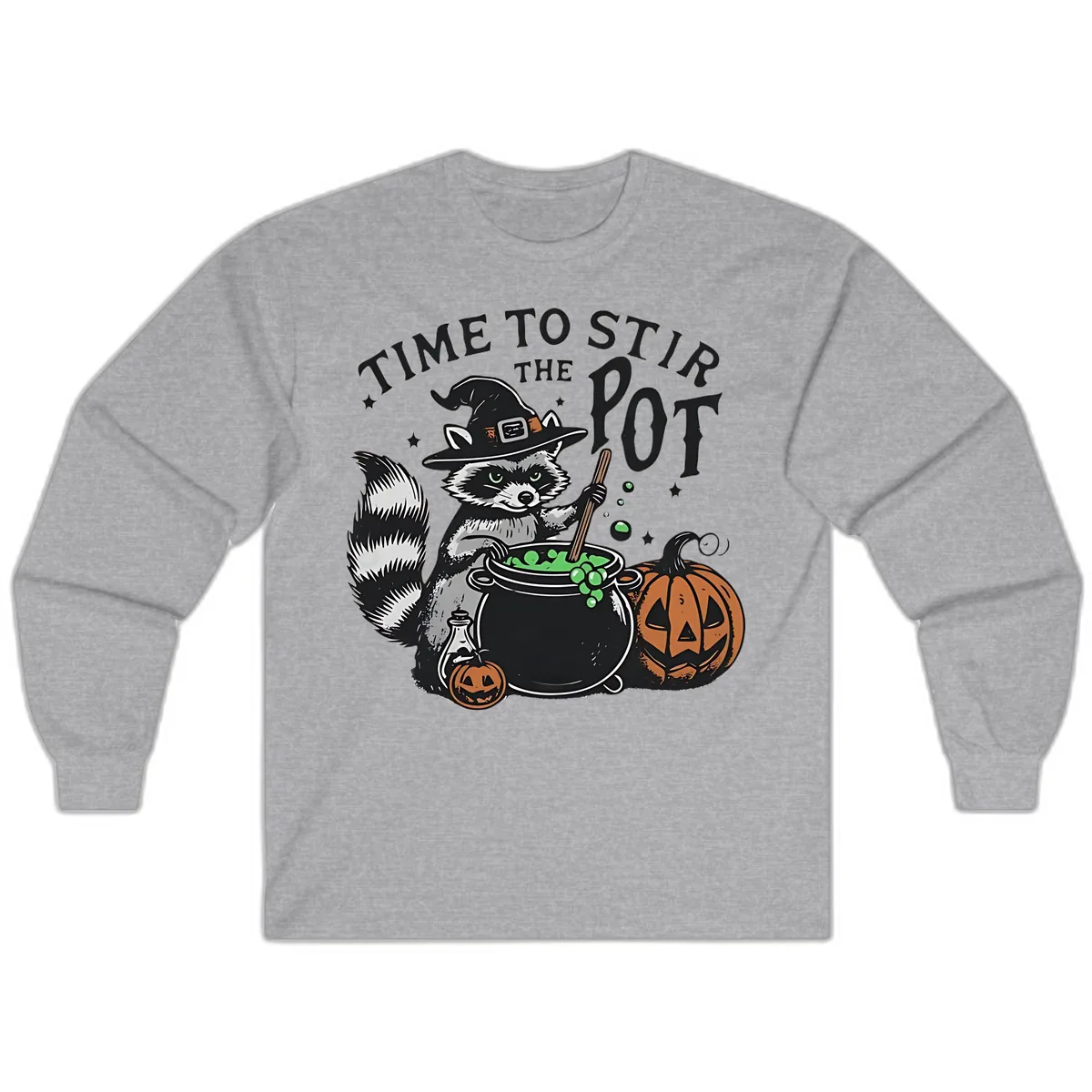 Raccoon Stirring Up Halloween Trouble Long Sleeve in Sport Grey