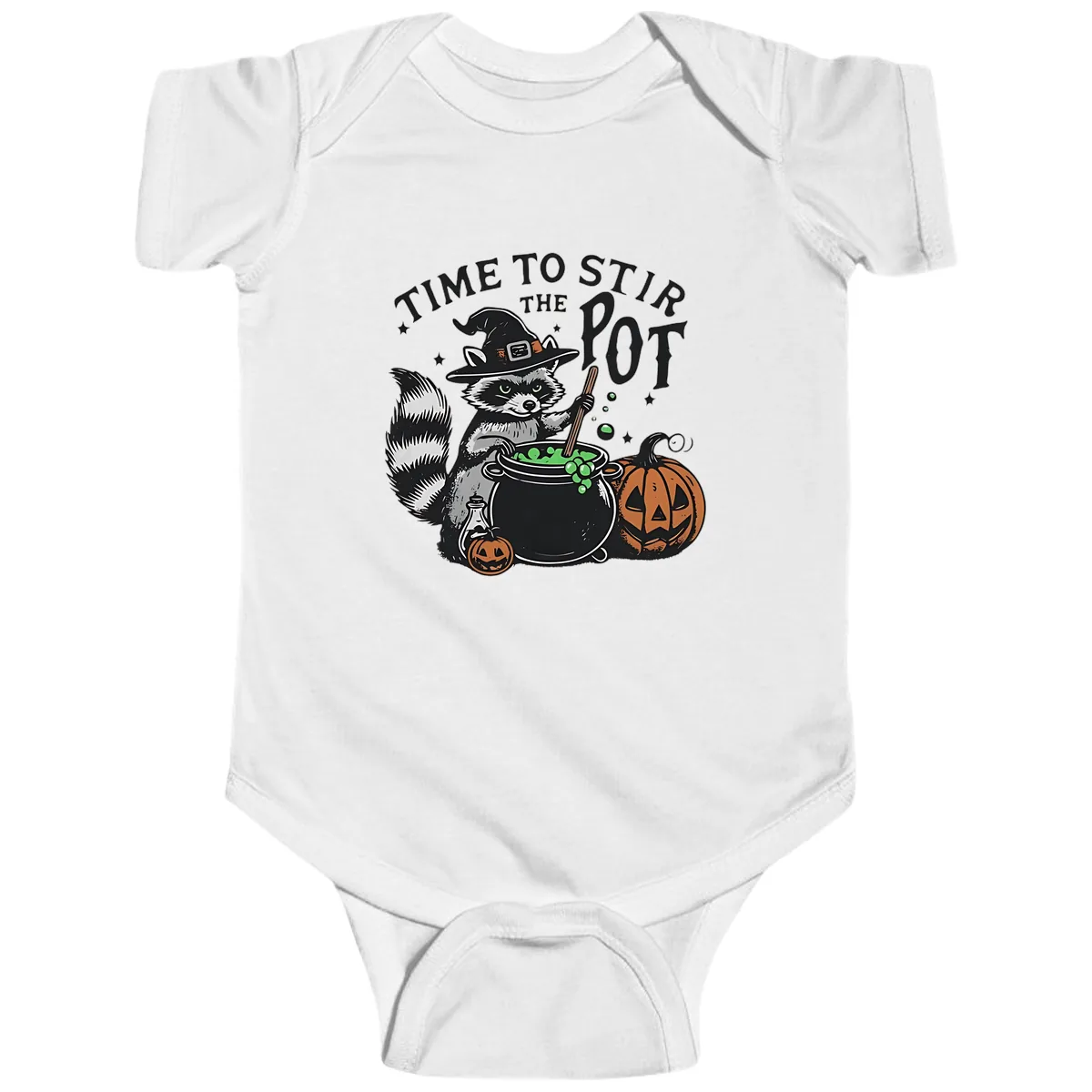 Raccoon Stirring Up Halloween Trouble Baby Onesie in White