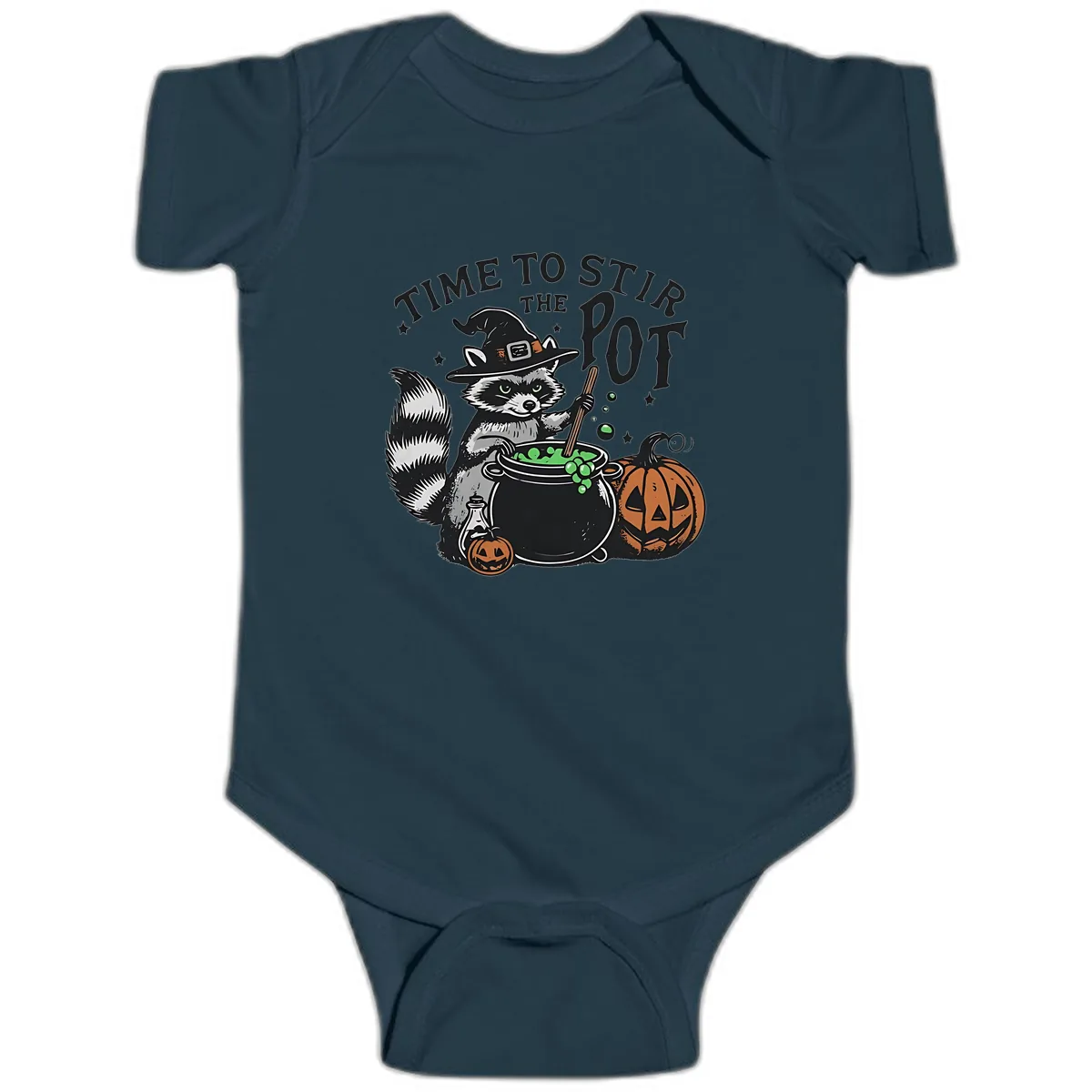 Raccoon Stirring Up Halloween Trouble Baby Onesie in Navy