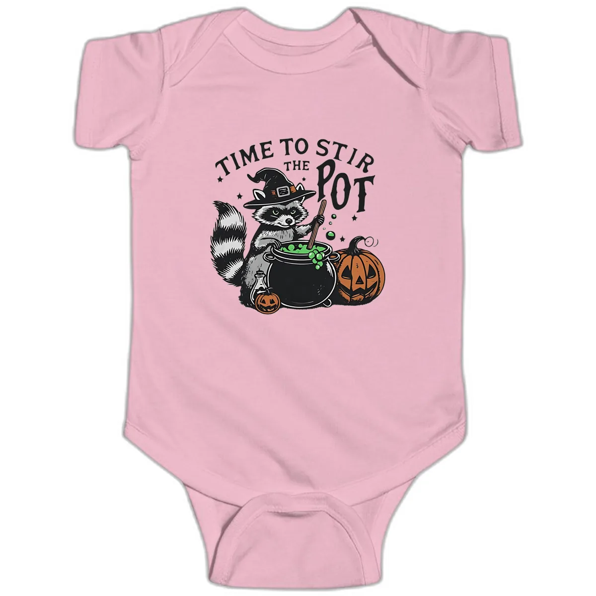 Raccoon Stirring Up Halloween Trouble Baby Onesie in Pink