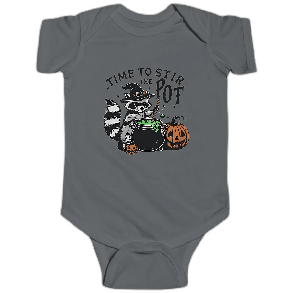 Raccoon Stirring Up Halloween Trouble Baby Onesie in Charcoal