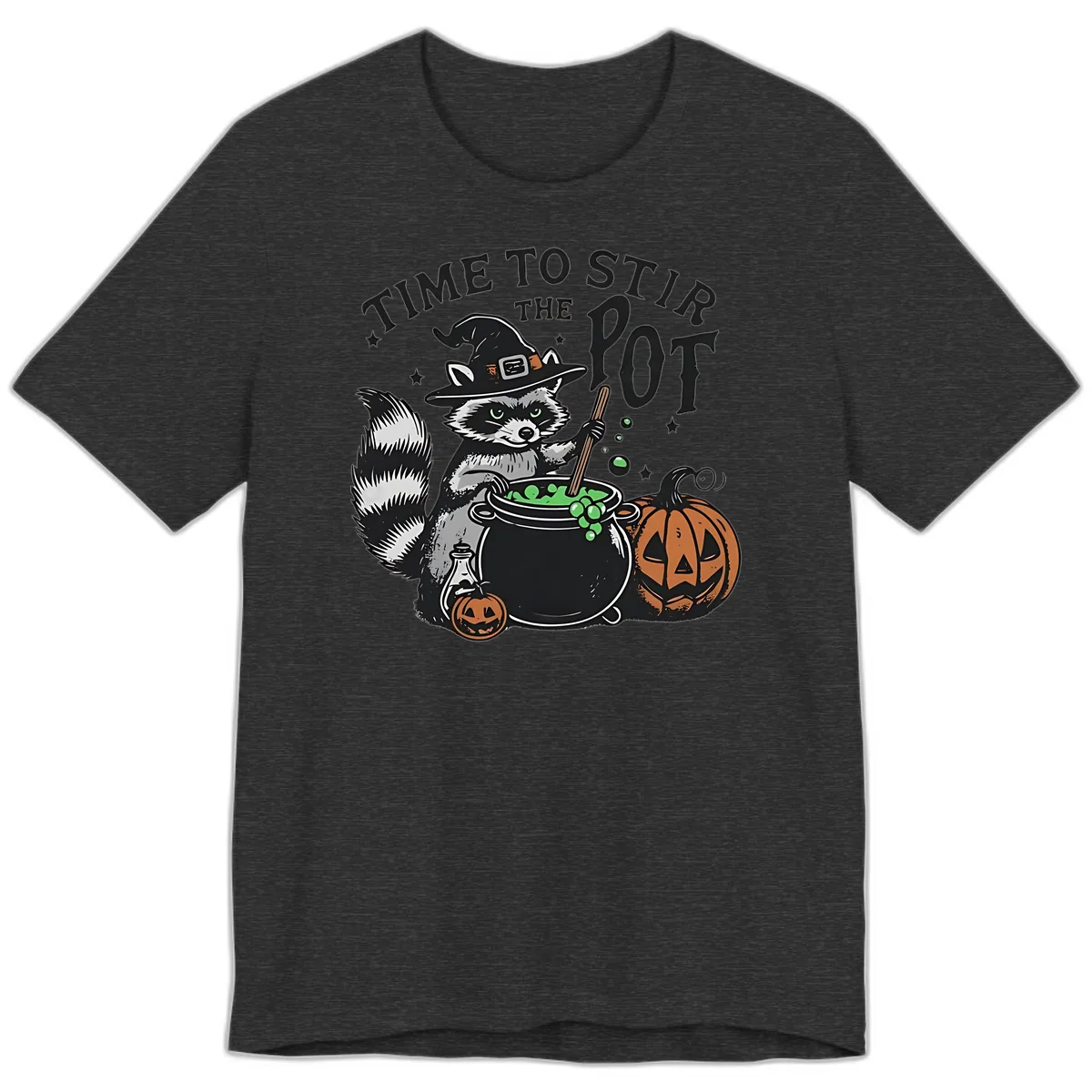 Raccoon Stirring Up Halloween Trouble Premium T-Shirt in Dark Grey Heather