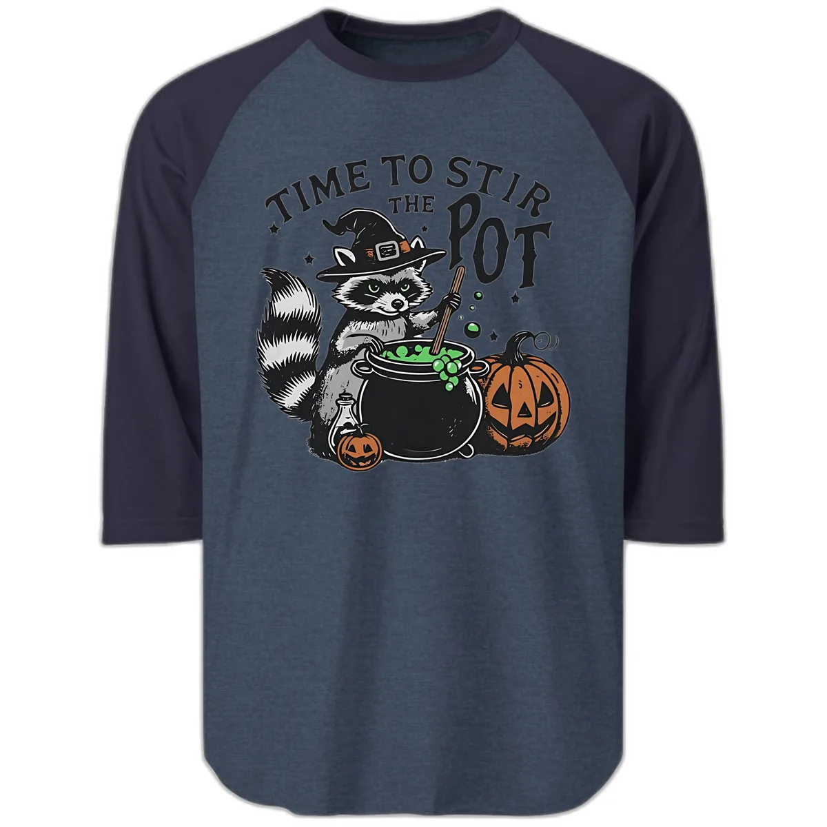 Raccoon Stirring Up Halloween Trouble Raglan 3/4 in Heather Denim Navy