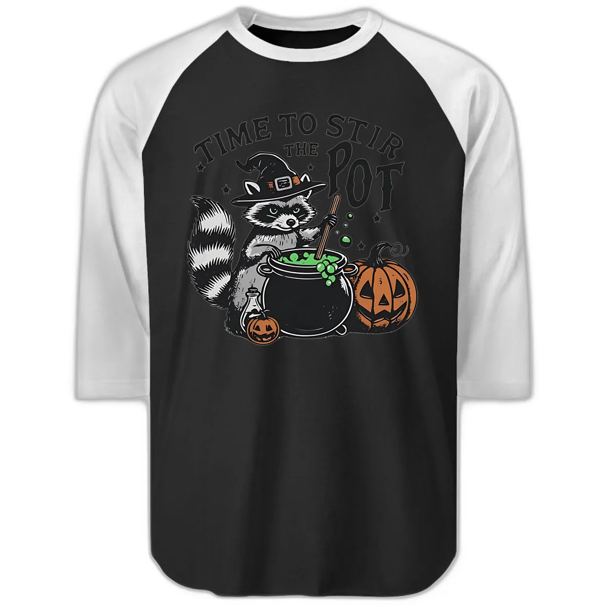 Raccoon Stirring Up Halloween Trouble Raglan 3/4 in Black White
